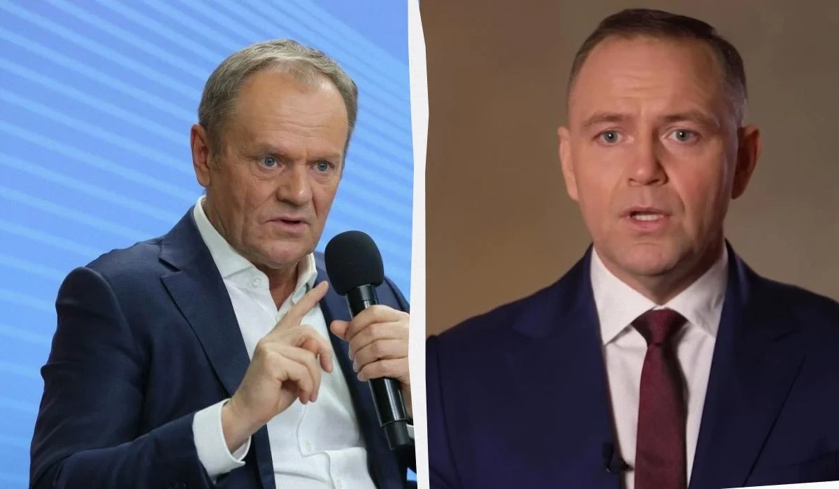 Колаж: портрети Дональда Туска та Кароля Навроцького, скриншот допису в соціальній мережі Х