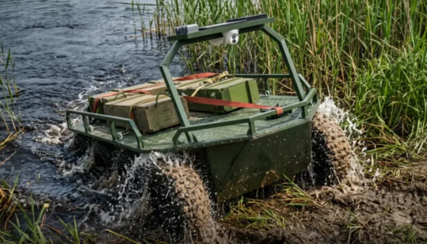 Амфібійний наземний роботизований комплекс на суші та у воді під час логістичної місії ЗСУ